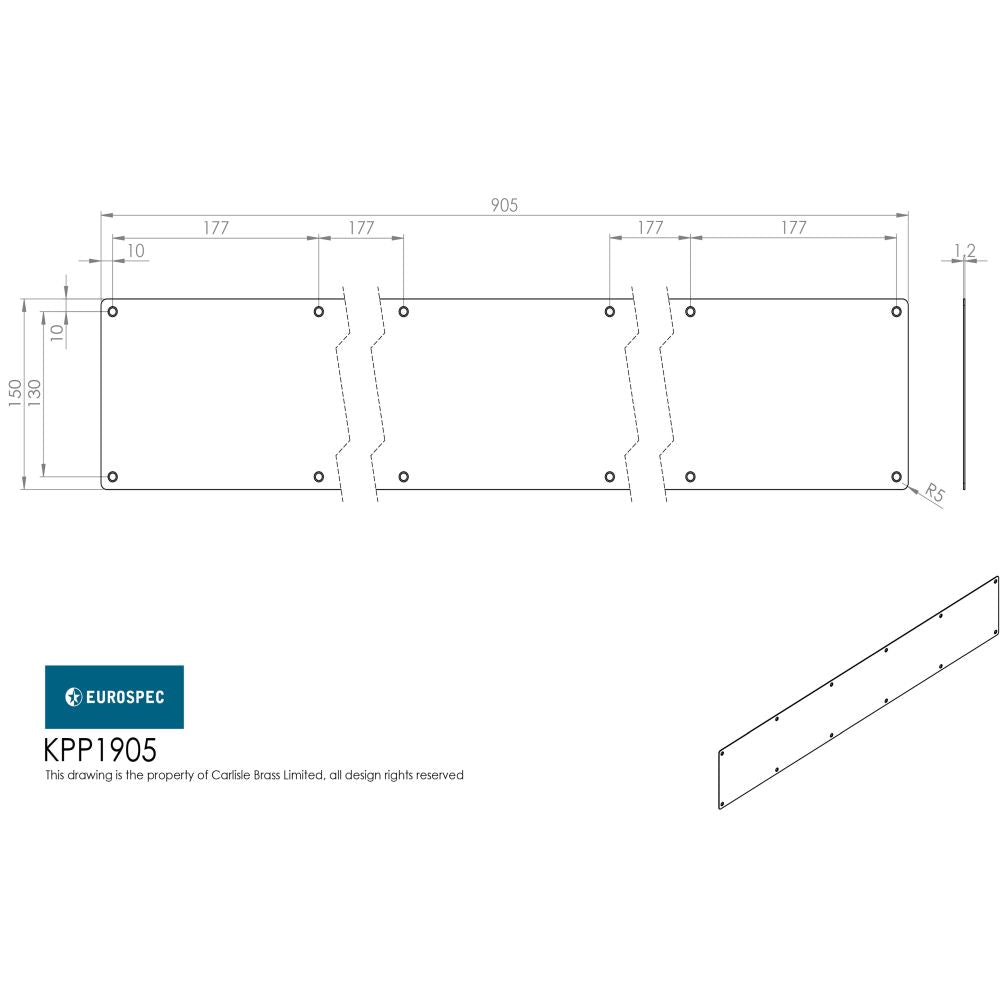 This image is a line drwaing of a Eurospec - Kickplate 905 x 150mm - SSS available to order from Trade Door Handles in Kendal