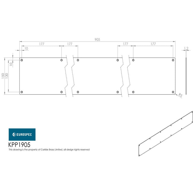 This image is a line drwaing of a Eurospec - Kickplate 905 x 150mm - SSS available to order from Trade Door Handles in Kendal