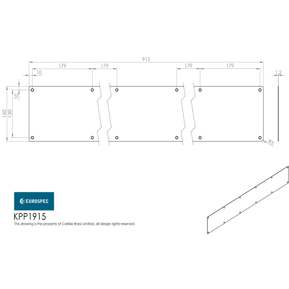 This image is a line drwaing of a Eurospec - Kickplate 915 x 150mm - SSS available to order from Trade Door Handles in Kendal