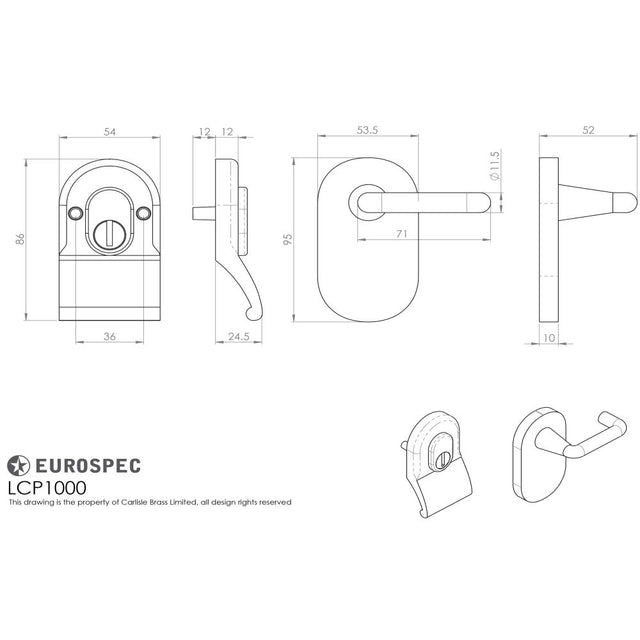 This image is a line drwaing of a Eurospec - Security Cylinder Pull with Mini Lever - PVD available to order from Trade Door Handles in Kendal