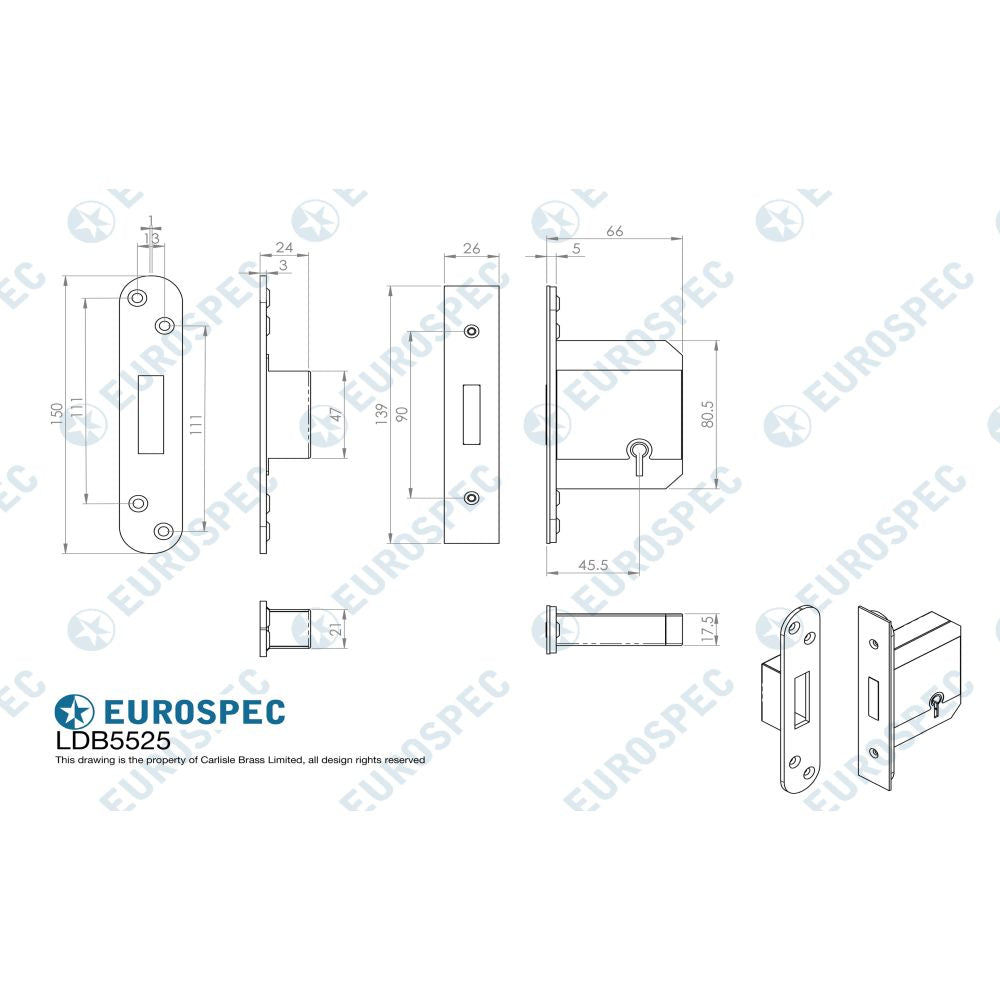 This image is a line drwaing of a Eurospec - Easi T 5 Lever BS Deadlock 64mm - SSS available to order from Trade Door Handles in Kendal