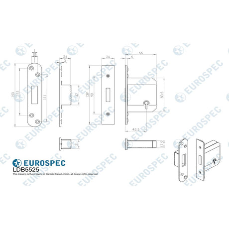 This image is a line drwaing of a Eurospec - Easi T 5 Lever BS Deadlock 64mm - SSS available to order from Trade Door Handles in Kendal