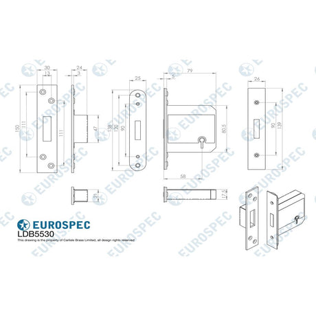 This image is a line drwaing of a Eurospec - Easi T 5 Lever BS Deadlock 76mm - SSS available to order from Trade Door Handles in Kendal