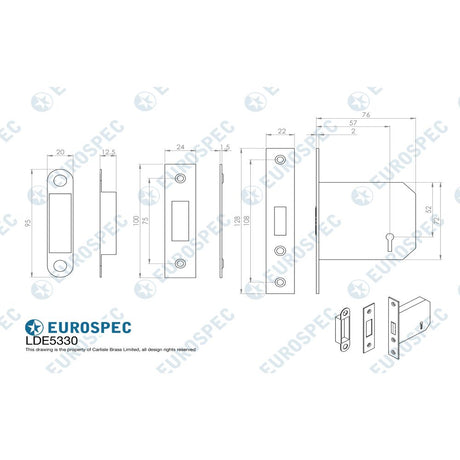 This image is a line drwaing of a Eurospec - 3 Lever Deadlock 76mm - Satin Nickel available to order from Trade Door Handles in Kendal