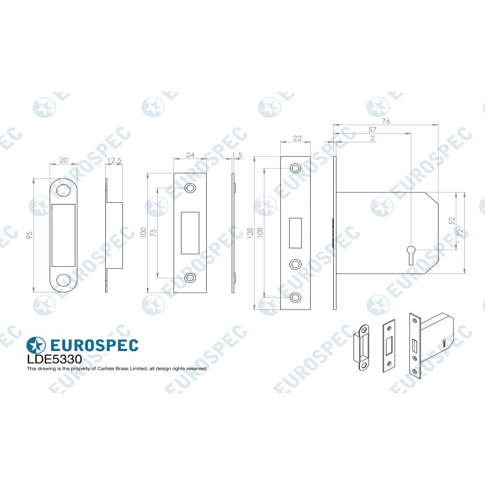 This image is a line drwaing of a Eurospec - 3 Lever Deadlock 76mm - Electro Brassed available to order from Trade Door Handles in Kendal