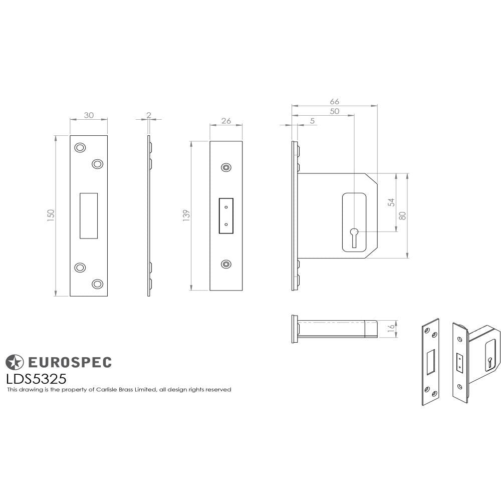 This image is a line drwaing of a Eurospec - Easi-T 3 Lever Deadlock 64mm - Satin Stainless Steel available to order from Trade Door Handles in Kendal