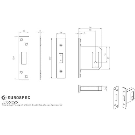 This image is a line drwaing of a Eurospec - Easi-T 3 Lever Deadlock 64mm - Satin Stainless Steel available to order from Trade Door Handles in Kendal