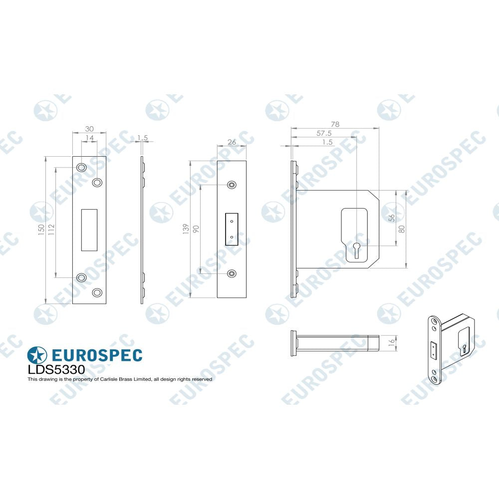 This image is a line drwaing of a Eurospec - Easi-T 3 Lever Deadlock 76mm - Satin Stainless Steel available to order from Trade Door Handles in Kendal