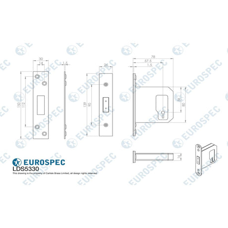 This image is a line drwaing of a Eurospec - Easi-T 3 Lever Deadlock 76mm - Satin Stainless Steel available to order from Trade Door Handles in Kendal