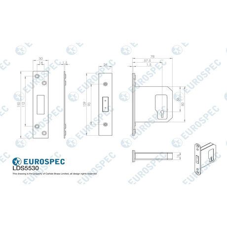 This image is a line drwaing of a Eurospec - Easi-T 5 Lever Deadlock 76mm - Satin Stainless Steel available to order from Trade Door Handles in Kendal