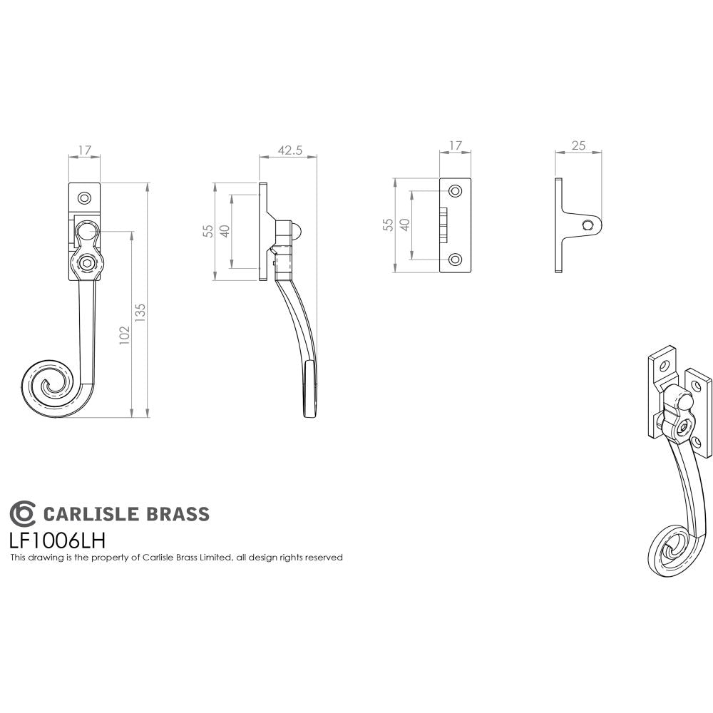 This image is a line drwaing of a Ludlow - Locking Casement Fastener L/H - Black Antique available to order from Trade Door Handles in Kendal