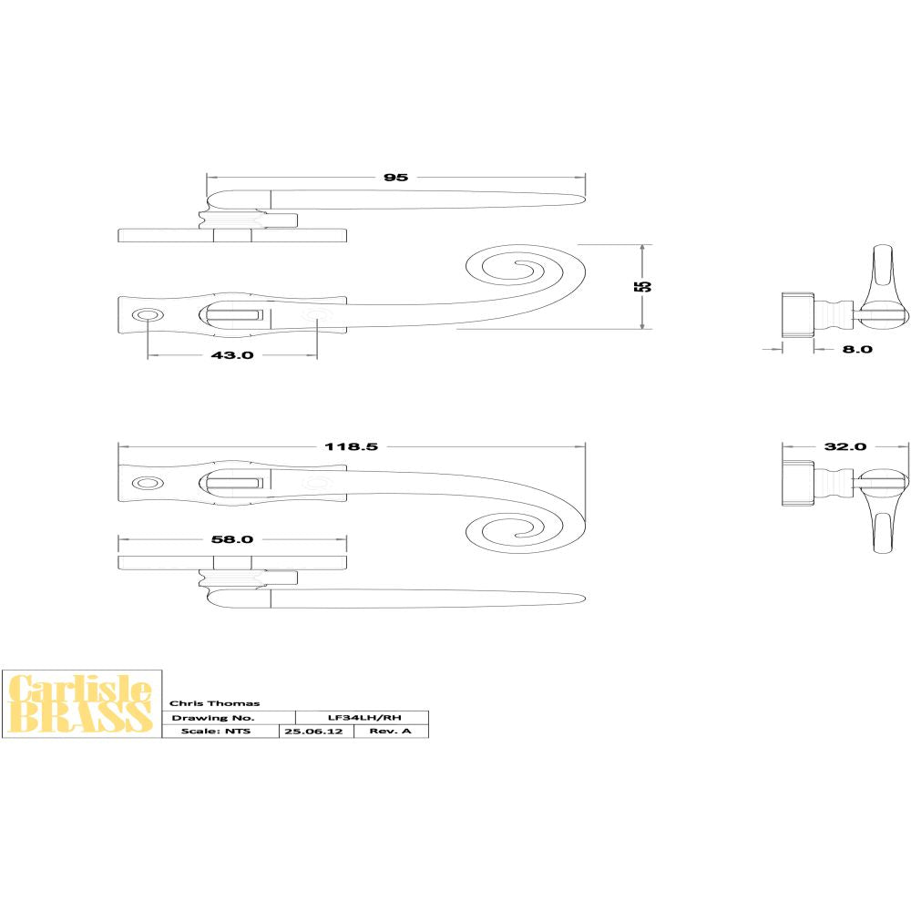 This image is a line drwaing of a Ludlow - Locking Espagnolette Fastener L/H - Black Antique available to order from Trade Door Handles in Kendal