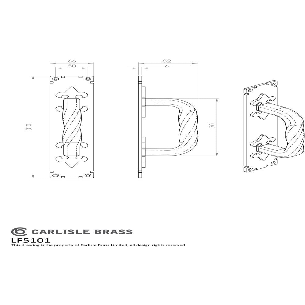 This image is a line drwaing of a Ludlow - Barley Twist Pull Handle on Backplate - Black Antique available to order from Trade Door Handles in Kendal