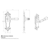 This image is a line drwaing of a Ludlow - Barley Twist Lever on Gothic Latch Backplate - Black Antique available to order from Trade Door Handles in Kendal