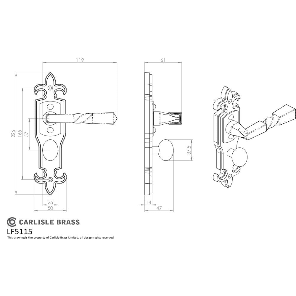 This image is a line drwaing of a Ludlow - Barley Twist Lever on Gothic WC Backplate - Black Antique available to order from Trade Door Handles in Kendal