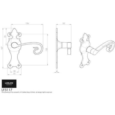 This image is a line drwaing of a Ludlow - Curly Tail Lever on Latch Backplate - Black Antique available to order from Trade Door Handles in Kendal