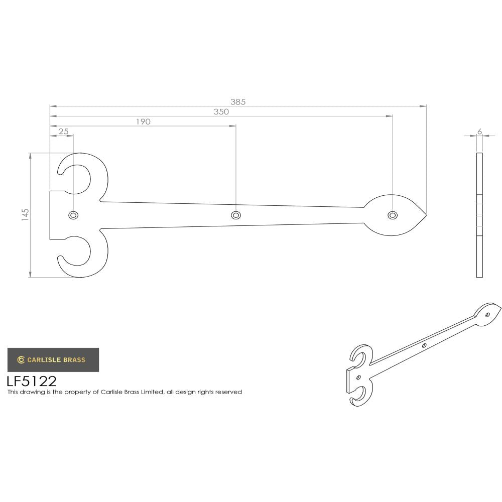 This image is a line drwaing of a Ludlow - Sword Hinge Front 383mm - Black Antique available to order from Trade Door Handles in Kendal