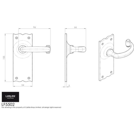 This image is a line drwaing of a Ludlow - Traditional Lever on Lock Backplate - Black Antique available to order from Trade Door Handles in Kendal