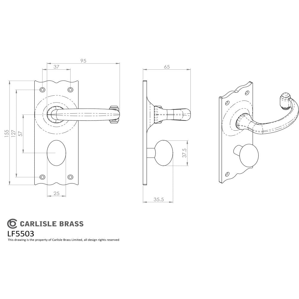 This image is a line drwaing of a Ludlow - Traditional Lever on WC Backplate - Black Antique available to order from Trade Door Handles in Kendal