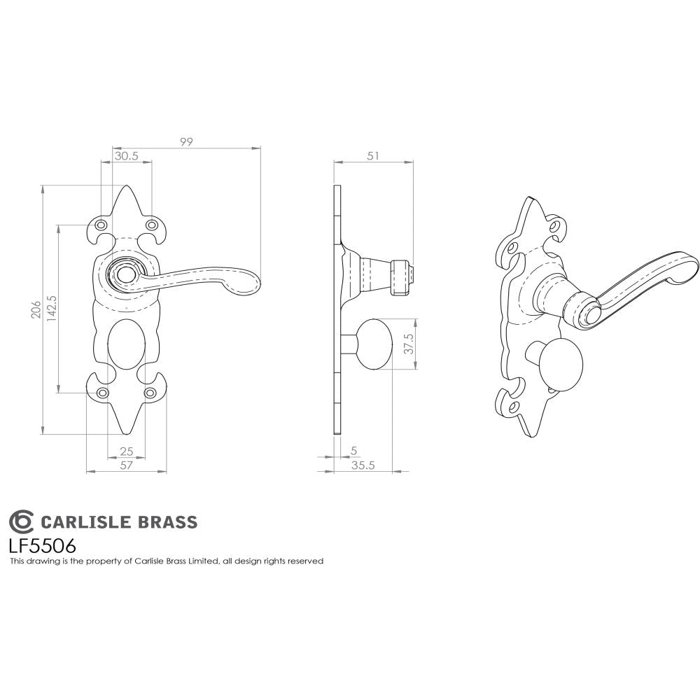 This image is a line drwaing of a Ludlow - Fleur de lys' Lever on WC Backplate - Black Antique available to order from Trade Door Handles in Kendal