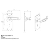 This image is a line drwaing of a Ludlow - Traditional V Lever on Lock Backplate - Black Antique available to order from Trade Door Handles in Kendal