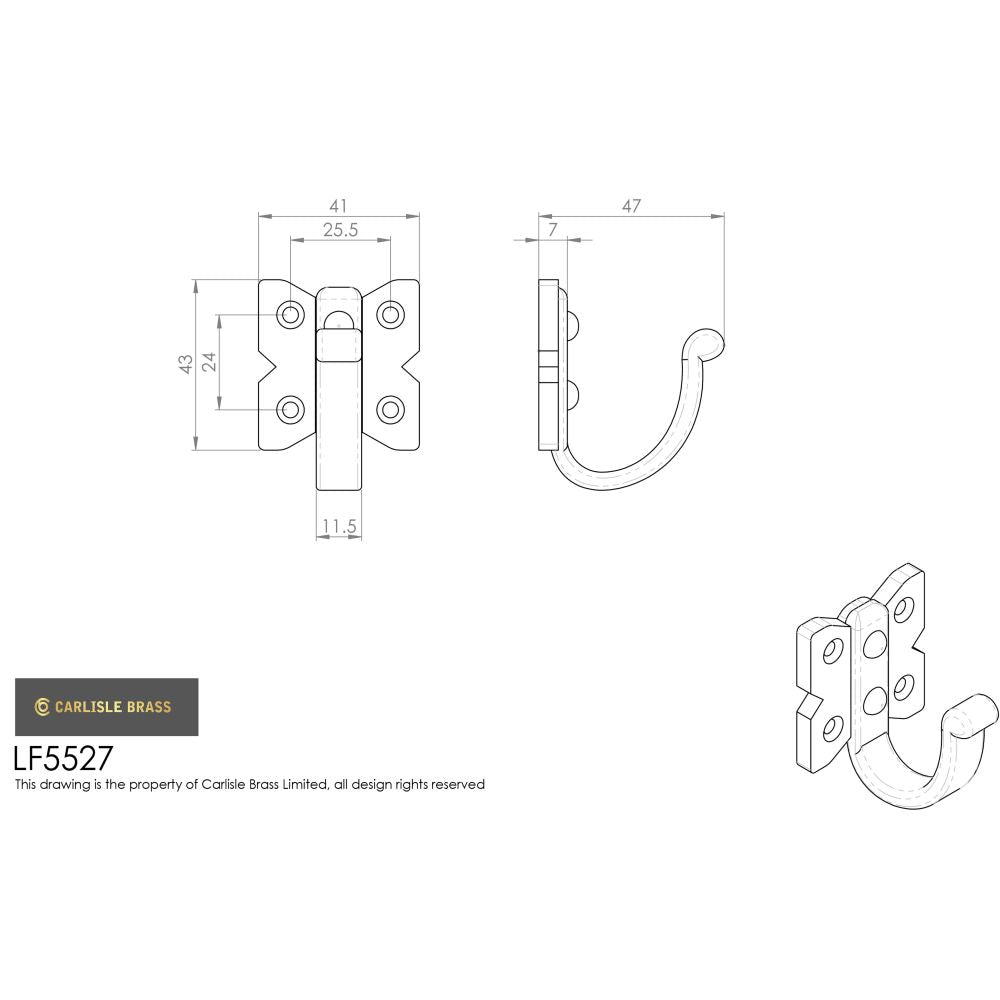 This image is a line drwaing of a Ludlow - Single Wardrobe Hook - Black Antique available to order from Trade Door Handles in Kendal