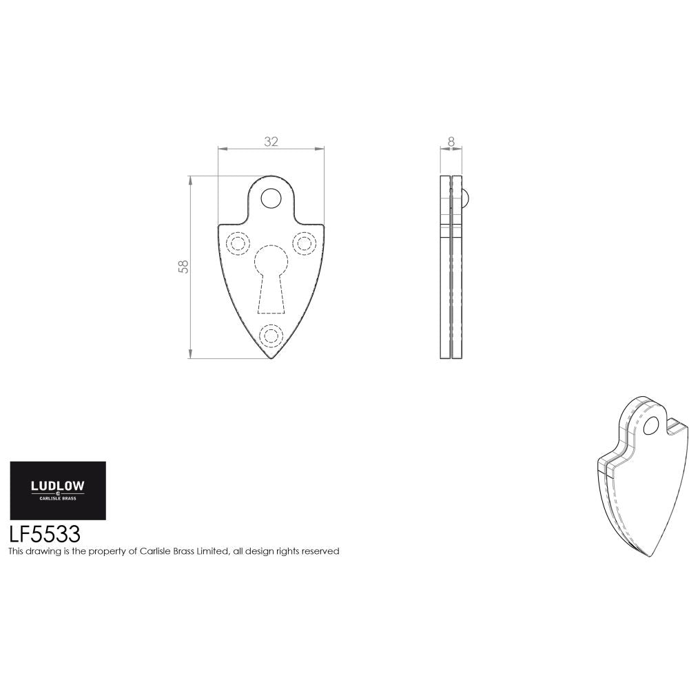 This image is a line drwaing of a Ludlow - Shield Covered Escutcheon - Black Antique available to order from Trade Door Handles in Kendal