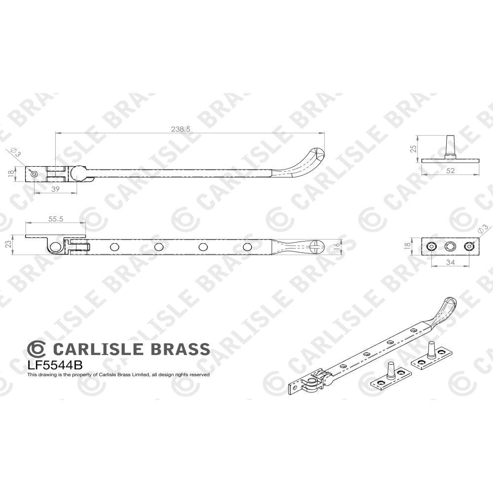 This image is a line drwaing of a Ludlow - Bulb End Casement Stay 254mm - Black Antique available to order from Trade Door Handles in Kendal