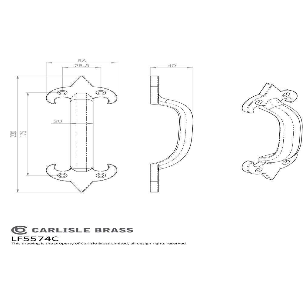 This image is a line drwaing of a Ludlow - Pull Handle 228mm - Black Antique available to order from Trade Door Handles in Kendal