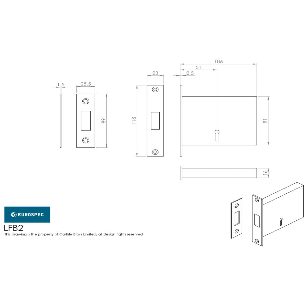 This image is a line drwaing of a Eurospec - Fire Brigade Lock - Satin Stainless Steel available to order from Trade Door Handles in Kendal