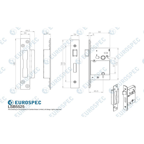 This image is a line drwaing of a Eurospec - Easi T 5 Lever BS Sashlock 64mm - PVD available to order from Trade Door Handles in Kendal