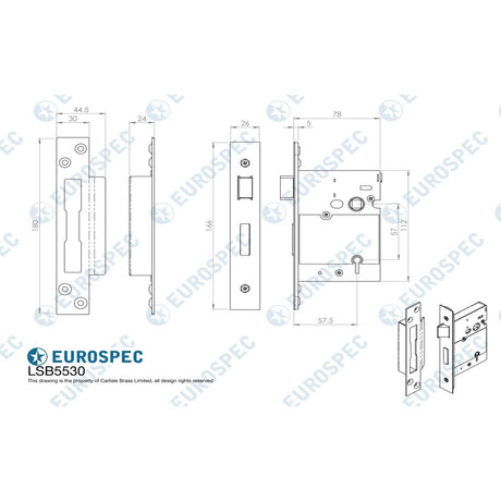 This image is a line drwaing of a Eurospec - Easi T 5 Lever BS Sashlock 76mm - PVD available to order from Trade Door Handles in Kendal