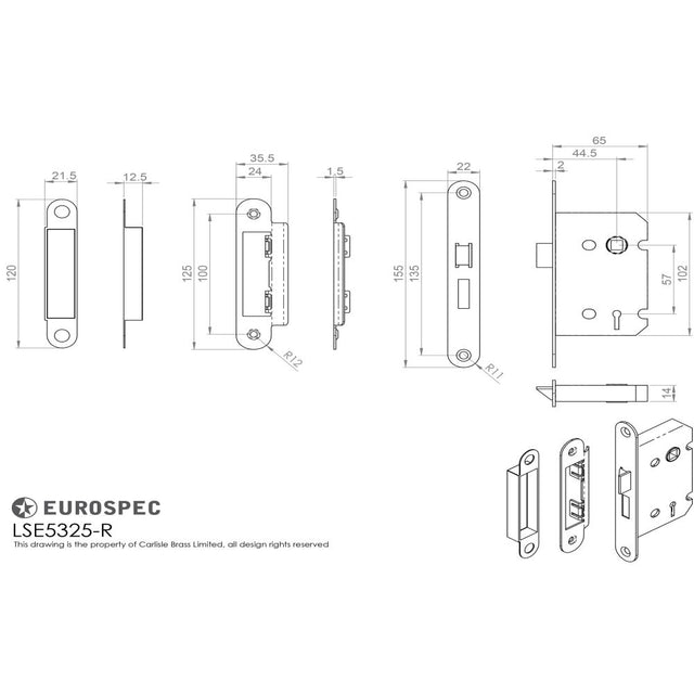 This image is a line drwaing of a Eurospec - Contract 3 Lever Sashlock Radius 64mm - Satin Nickel available to order from Trade Door Handles in Kendal