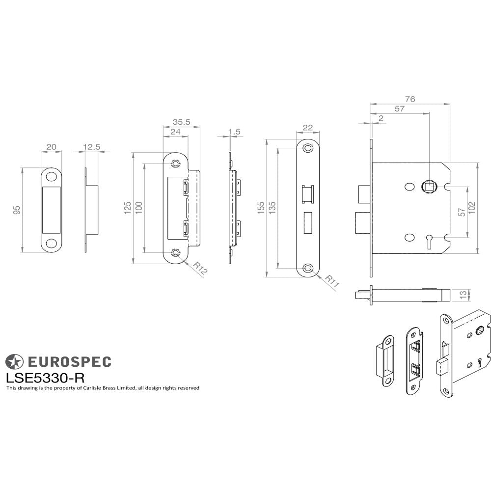 This image is a line drwaing of a Eurospec - Contract 3 Lever Sashlock Radius 76mm - Satin Nickel available to order from Trade Door Handles in Kendal