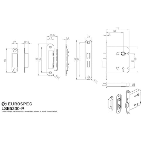 This image is a line drwaing of a Eurospec - Contract 3 Lever Sashlock Radius 76mm - Satin Nickel available to order from Trade Door Handles in Kendal