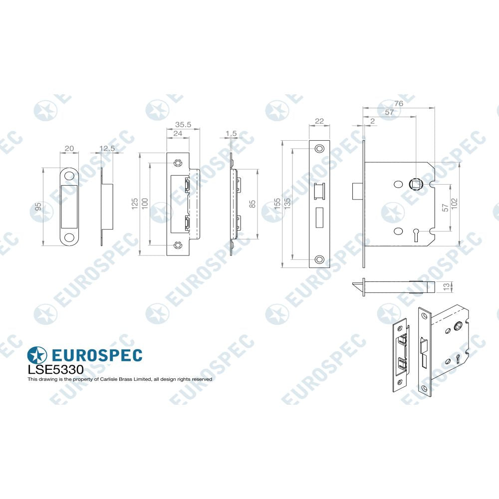 This image is a line drwaing of a Eurospec - Contract 3 Lever Sashlock 76mm - Satin Nickel available to order from Trade Door Handles in Kendal