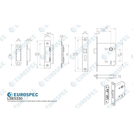 This image is a line drwaing of a Eurospec - Contract 3 Lever Sashlock 76mm - Satin Nickel available to order from Trade Door Handles in Kendal