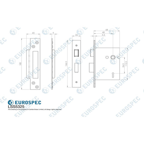 This image is a line drwaing of a Eurospec - 3 Lever Sashlock 64mm - Satin Stainless Steel available to order from Trade Door Handles in Kendal