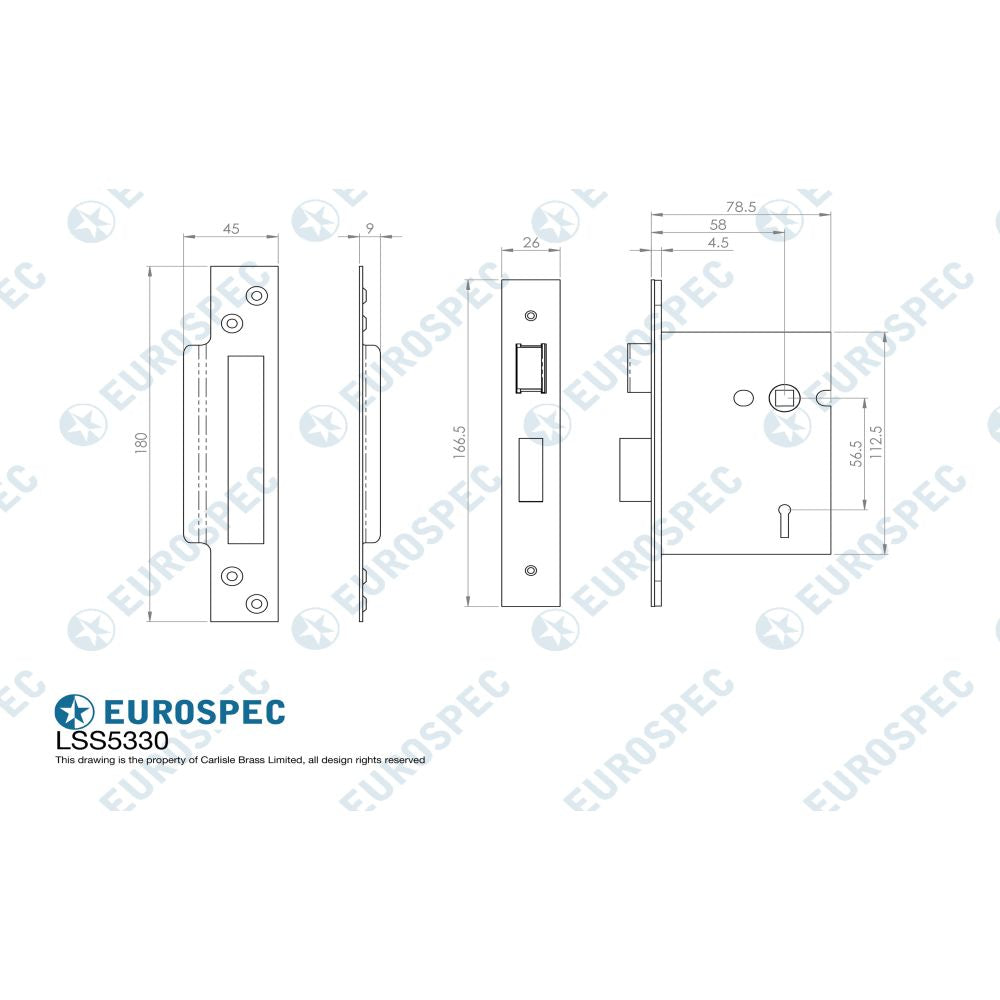 This image is a line drwaing of a Eurospec - 3 Lever Sashlock 76mm - Satin Stainless Steel available to order from Trade Door Handles in Kendal