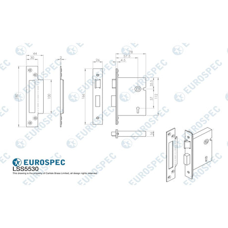 This image is a line drwaing of a Eurospec - 5 Lever Sashlock 76mm - Satin Stainless Steel available to order from Trade Door Handles in Kendal