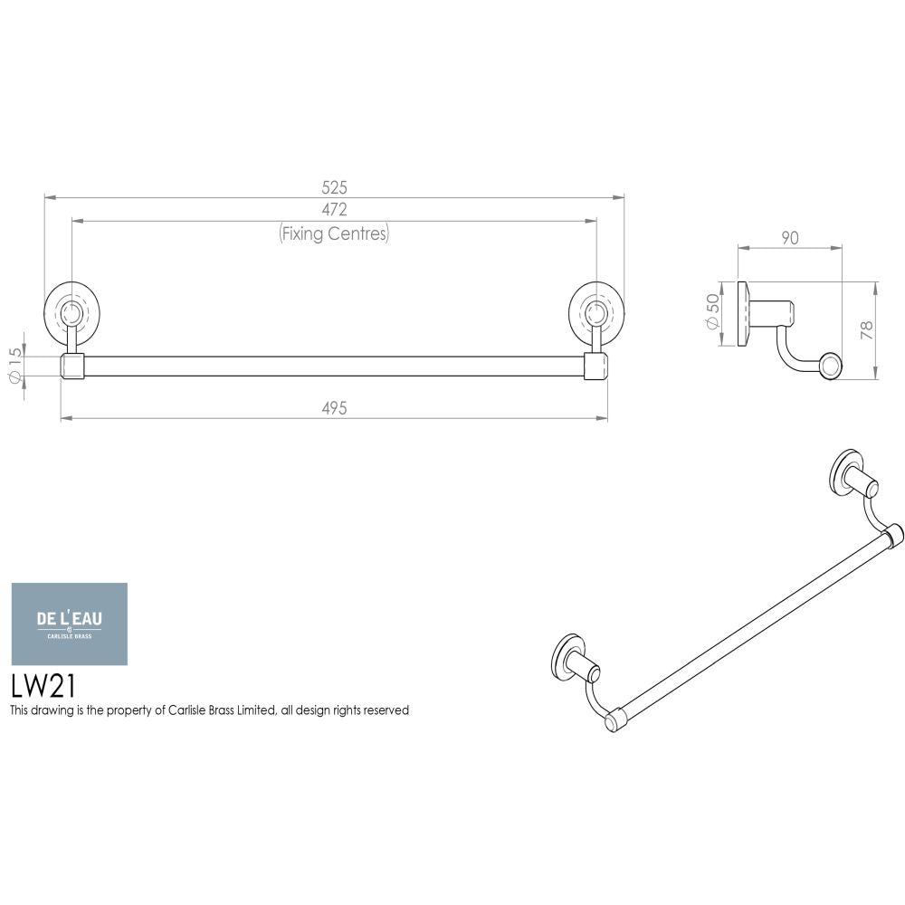 This image is a line drwaing of a Carlisle Brass - Tempo Single Towel Rail 525mm - Polished Chrome available to order from Trade Door Handles in Kendal