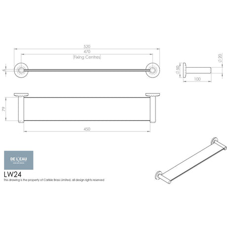 This image is a line drwaing of a Carlisle Brass - Tempo Glass Shelf and Brackets 520mm - Polished Chrome available to order from Trade Door Handles in Kendal