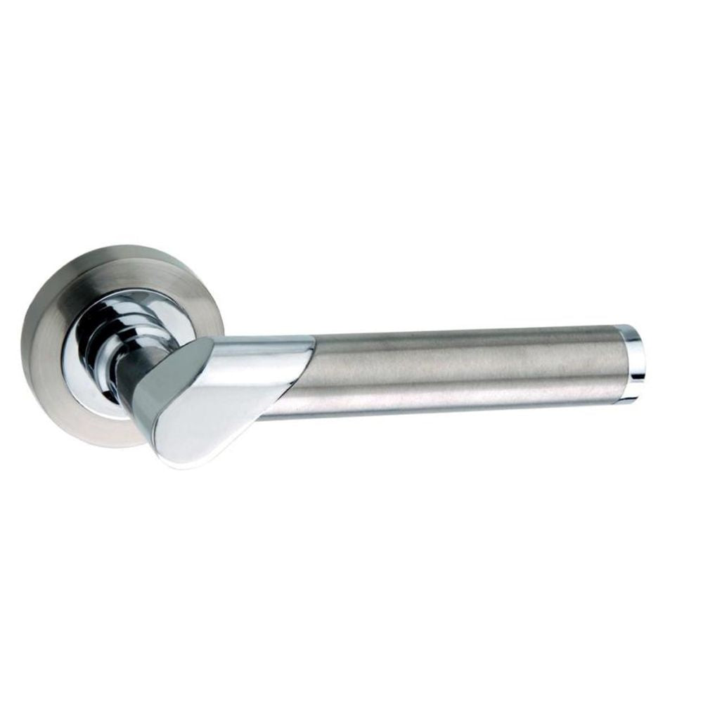 High quality image of Mediterranean Tunis Lever on Round Rose - Satin Nickel/Polished Chrome | Sku. m125sncp | available to order from Trade Door Handles in Kendal.