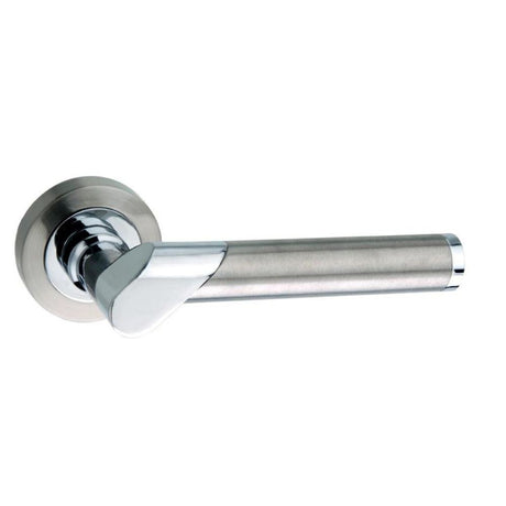 High quality image of Mediterranean Tunis Lever on Round Rose - Satin Nickel/Polished Chrome | Sku. m125sncp | available to order from Trade Door Handles in Kendal.
