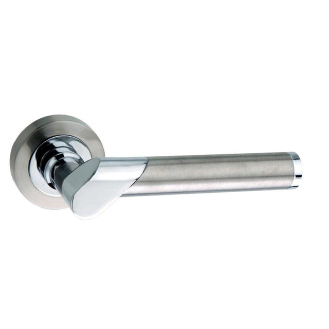 High quality image of Mediterranean Tunis Lever on Round Rose - Satin Nickel/Polished Chrome | Sku. m125sncp | available to order from Trade Door Handles in Kendal.