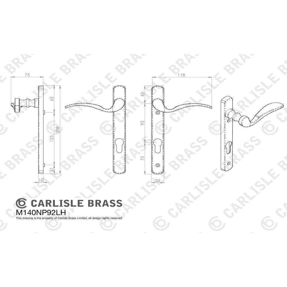 This image is a line drwaing of a Carlisle Brass - Narrow Plate - Scroll Lever Furniture (70Mm C/C) - (Left Hand) available to order from Trade Door Handles in Kendal