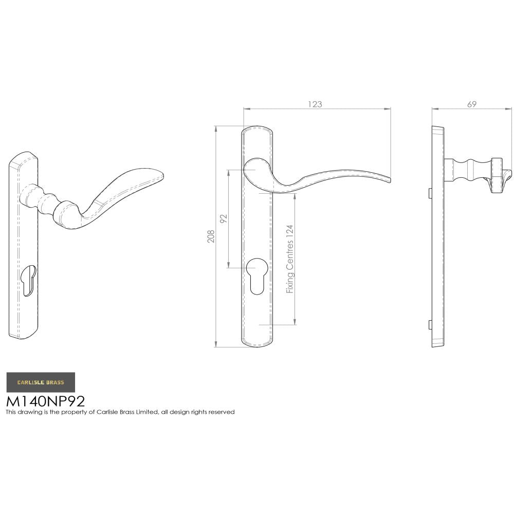 This image is a line drwaing of a Carlisle Brass - Scroll Lever on Narrow Plate R/H - Black available to order from Trade Door Handles in Kendal