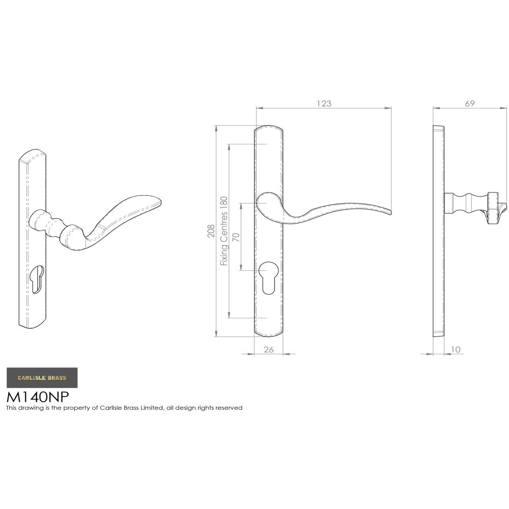 This image is a line drwaing of a Carlisle Brass - Scroll Lever on Narrow Plate L/H - Polished Brass available to order from Trade Door Handles in Kendal