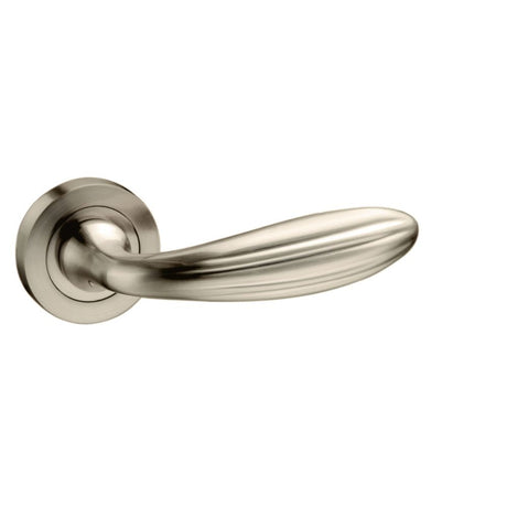 High quality image of Mediterranean Terassa Lever on Round Rose - Satin Nickel | Sku. m189sn | available to order from Trade Door Handles in Kendal.