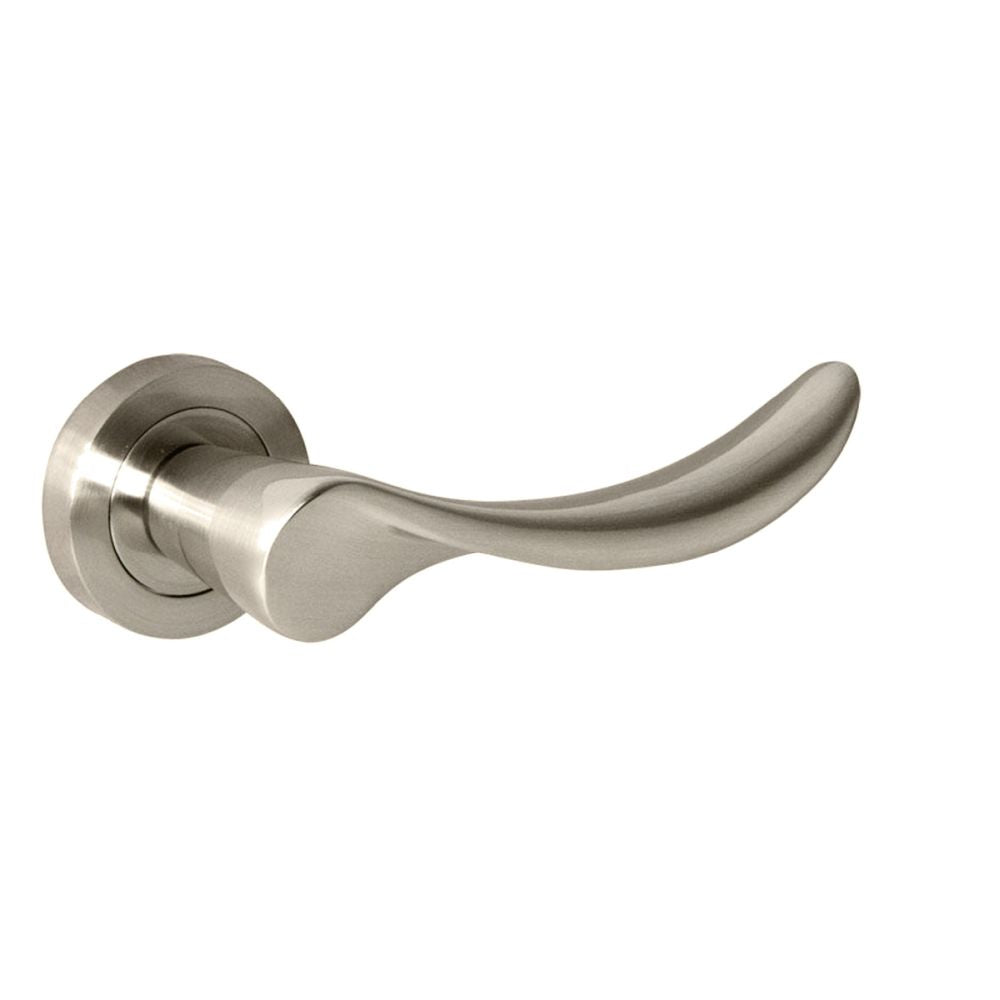 High quality image of Mediterranean Malaga Lever on Round Rose - Satin Nickel | Sku. m27sn | available to order from Trade Door Handles in Kendal.